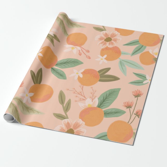 Tropical Citrus Floral Pink Wrapping Paper (Unrolled)