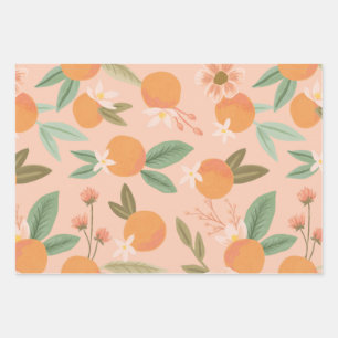 Tropical Citrus Floral Pink Wrapping Paper Sheet