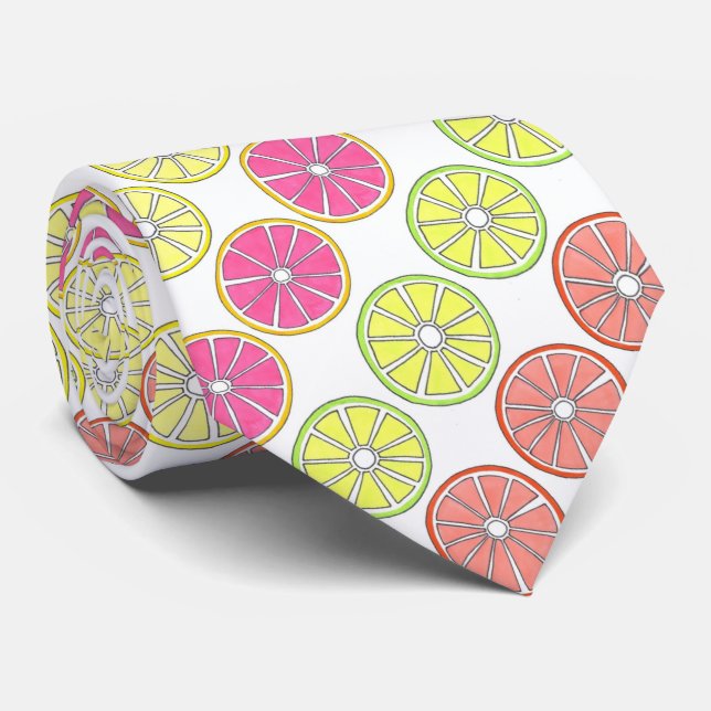 Tropical Citrus Fruit Lemon Lime Orange Grapefruit Tie (Rolled)