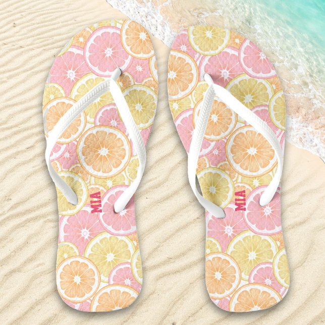 Tropical Citrus Fruit Pattern Name Flip Flops (Creator Uploaded)