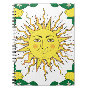 Tropical citrus lemon fruits with flowers frame an notebook