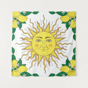 Tropical citrus lemon fruits with flowers frame an tapestry
