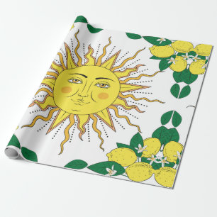Tropical citrus lemon fruits with flowers frame an wrapping paper