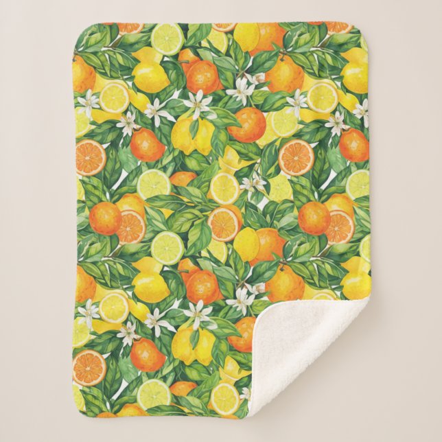 Tropical Citrus Medley Watercolor Pattern Sherpa Blanket (Front)