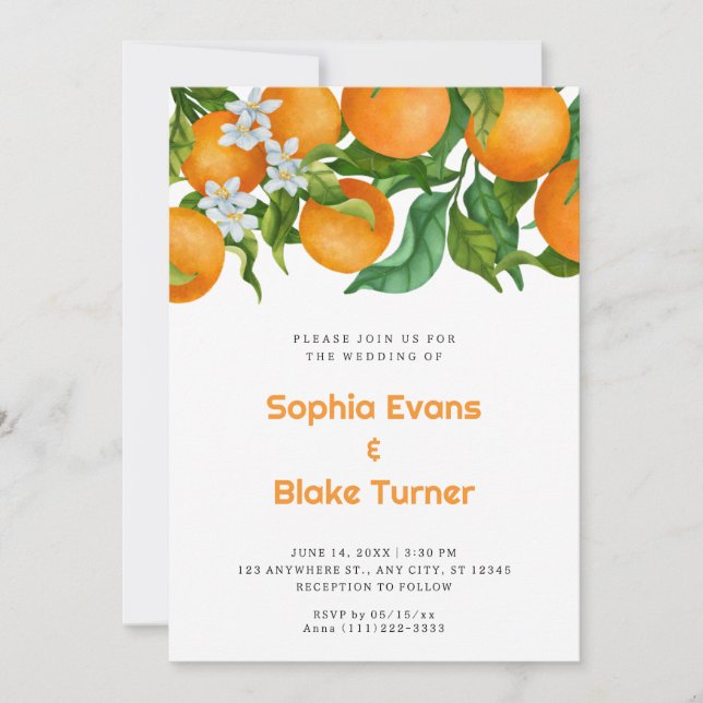 Tropical Citrus Oranges Botanical White Wedding Invitation (Front)