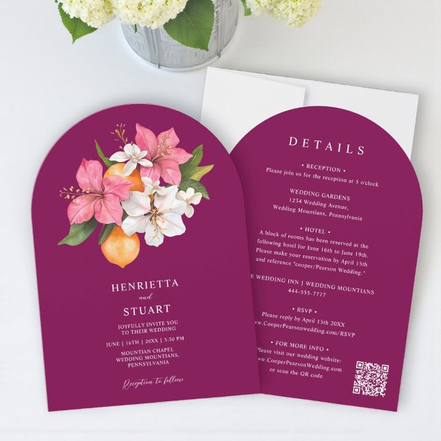 tropical citrus pink arched all in one wedding invitation (Creator Uploaded)