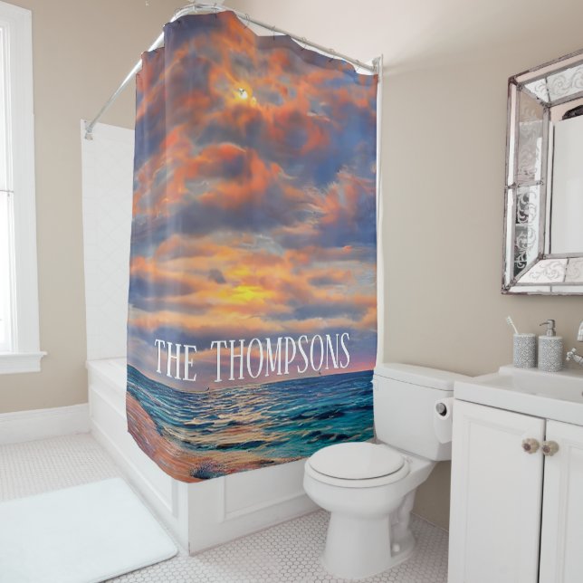 Tropical Clear Ocean Sunset Beach Shower Curtain (In Situ)