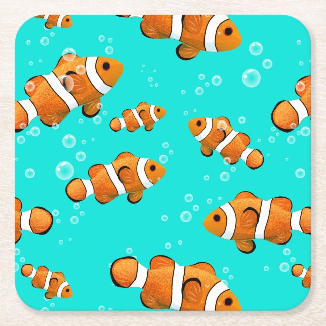 Tropical Clownfish & Bubbles Pattern Square Paper Coaster (Front)