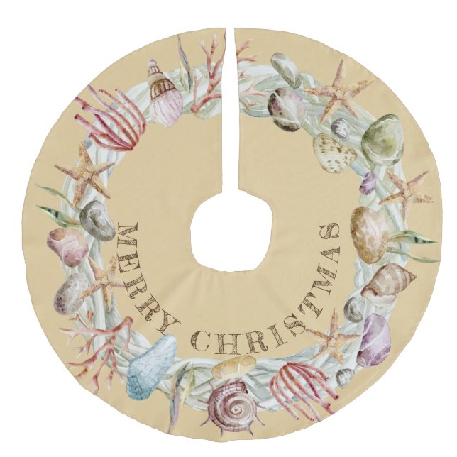 Tropical Coastal Beach Seashells  Merry Christmas Faux Linen Tree Skirt (Front)