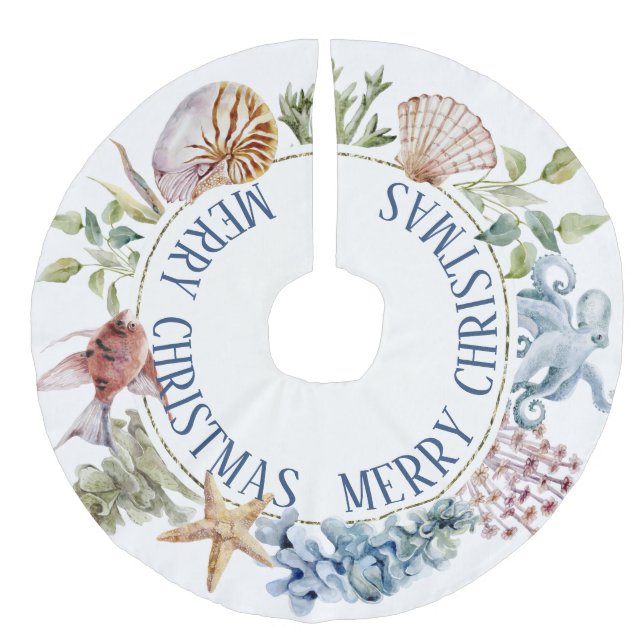 Tropical Coastal Beach Theme Merry Christmas Faux  Linen Tree Skirt (Front)