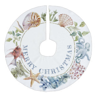Tropical Coastal Beach Theme Merry Christmas Faux Linen Tree Skirt