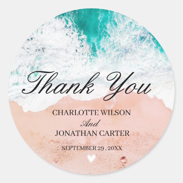 Tropical Coastal Beach Wedding Thank you Classic Round Sticker (Front)