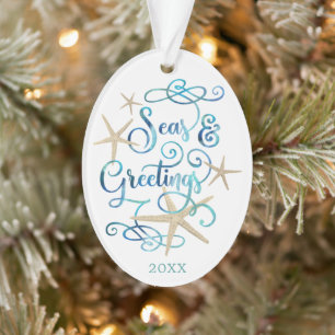 Tropical Coastal Christmas Script SEAs & GREETINGS Ornament