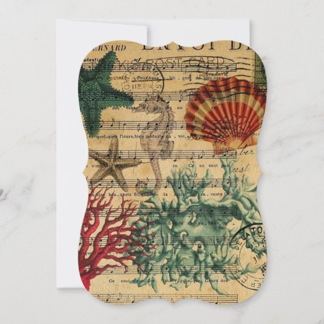 tropical coastal coral seashells seahorse invitation (Front)
