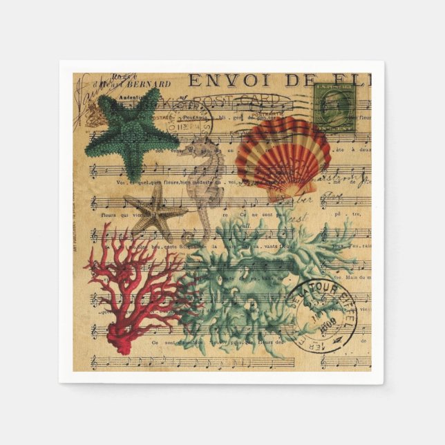 tropical coastal coral seashells seahorse napkin (Front)