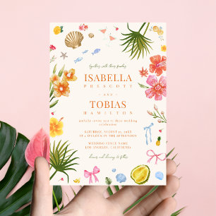 Tropical Coastal Hand Drawn Bow Sea Shells Wedding Invitation