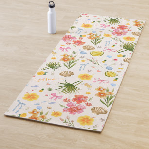 Tropical Coastal Hand Drawn Flowers Seashells Name Yoga Mat