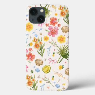 Tropical Coastal Hand Drawn Flowers & Shells Name iPhone 13 Case