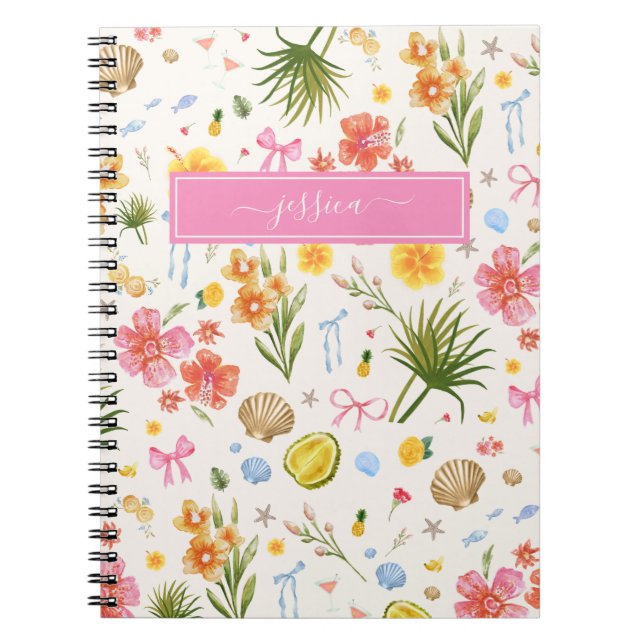Tropical Coastal Hand Drawn Flowers & Shells Name Notebook (Front)