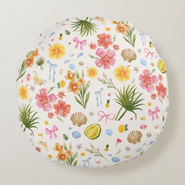 Tropical Coastal Hand Drawn Flowers & Shells Round Cushion (Front)