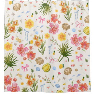Tropical Coastal Hand Drawn Flowers & Shells Shower Curtain