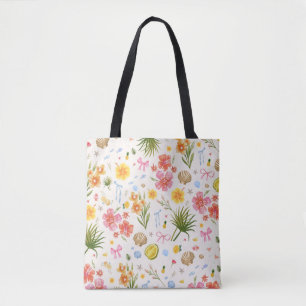 Tropical Coastal Hand Drawn Flowers & Shells Tote Bag