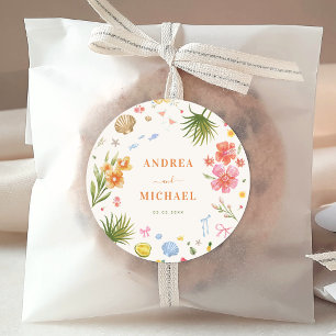 Tropical Coastal Hand Drawn Flowers Shells Wedding Classic Round Sticker