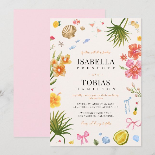 Tropical Coastal Hand Drawn Flowers Shells Wedding Invitation (Front/Back)