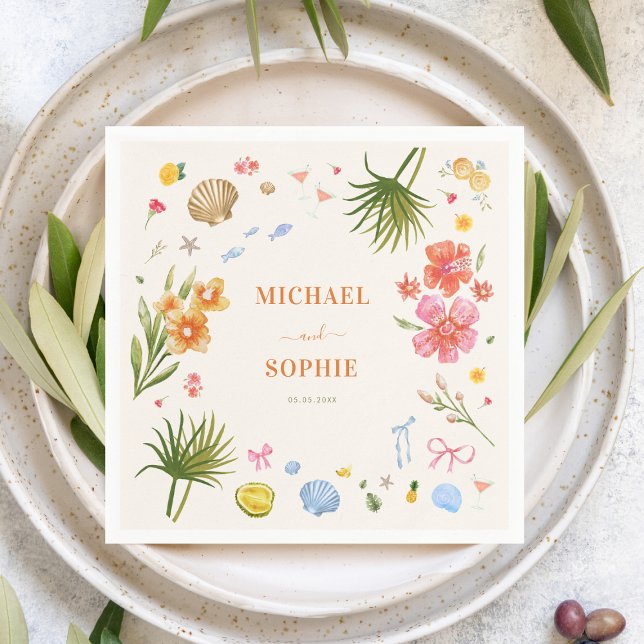 Tropical Coastal Hand Drawn Flowers Shells Wedding Napkin (Creator Uploaded)
