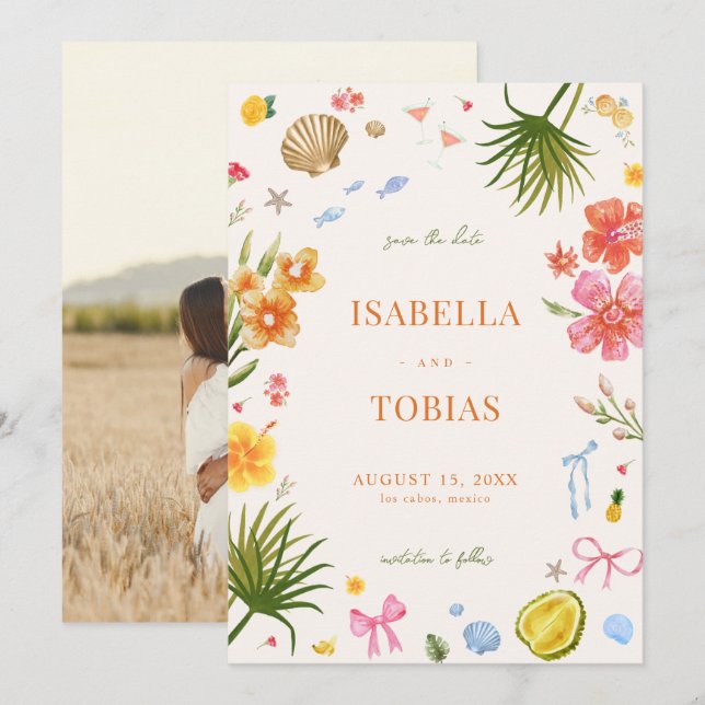 Tropical Coastal Hand Drawn Flowers Shells Wedding Save The Date (Front/Back)