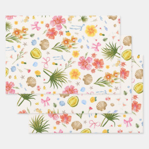 Tropical Coastal Hand Drawn Flowers & Shells Wrapping Paper Sheet