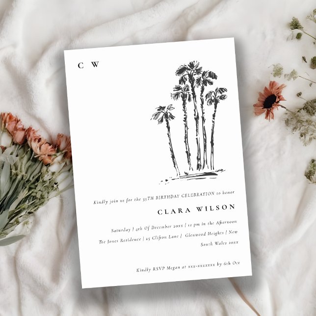 Tropical Coastal Palm Tree Sketch Birthday Invitation (Creator Uploaded)