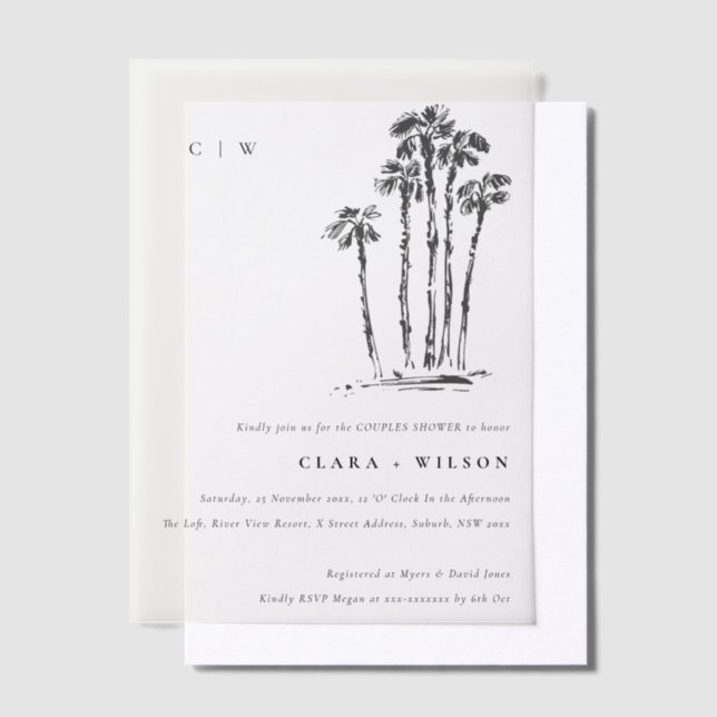 Tropical Coastal Palm Tree Sketch Couples Shower Vellum Invitations (Offset)