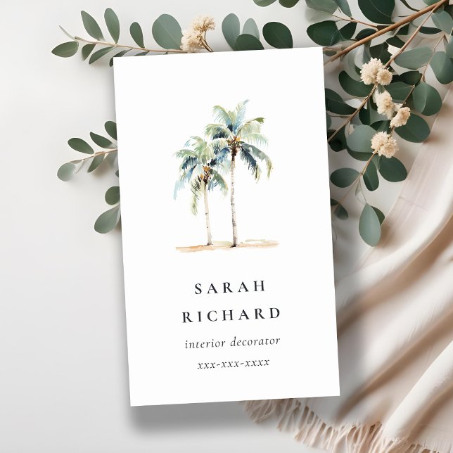 Tropical Coastal Palm Trees Watercolor Blue Green Business Card (Creator Uploaded)