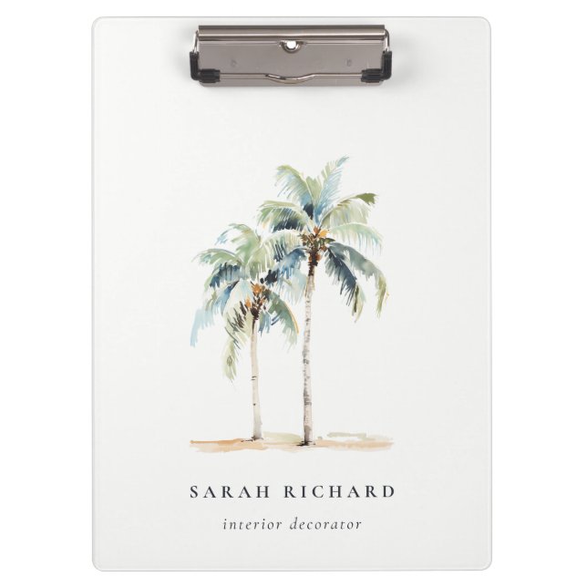 Tropical Coastal Palm Trees Watercolor Blue Green Clipboard (Front)