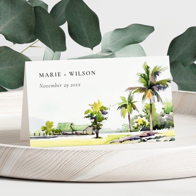 Tropical Coastal Palm Trees Watercolor Wedding Place Card (Creator Uploaded)
