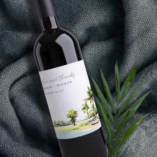 Tropical Coastal Palm Trees Watercolor Wedding Wine Label