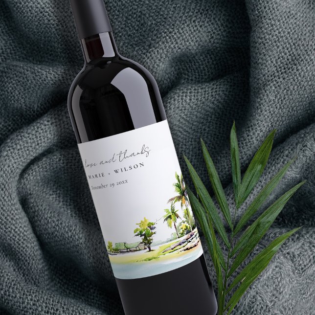Tropical Coastal Palm Trees Watercolor Wedding Wine Label (Creator Uploaded)