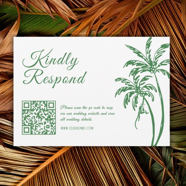 Tropical Coastal Retro Beach Green Wedding QR Code RSVP Card (Creator Uploaded)