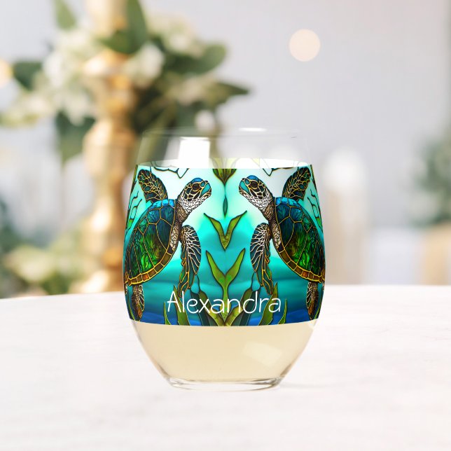 Tropical Coastal Sea Turtle Teal Blue Green  Stemless Wine Glass (Insitu (Wedding))