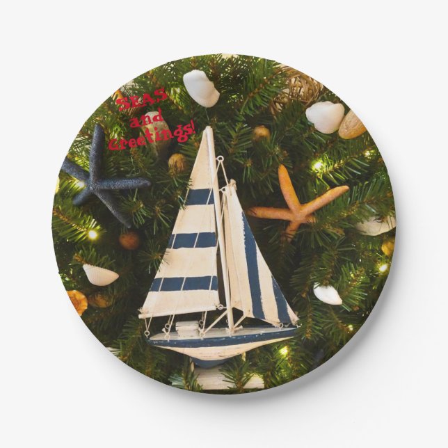 Tropical Coastal 'SEAS and Greetings' Christmas Paper Plate (Front)