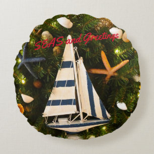 Tropical Coastal 'SEAS and Greetings' Christmas Round Cushion