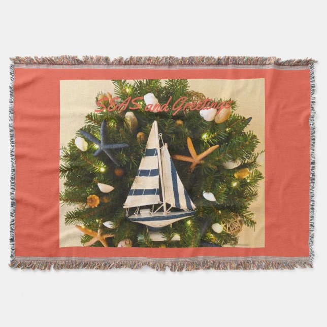 Tropical Coastal 'SEAS and Greetings' Christmas Throw Blanket (Front)
