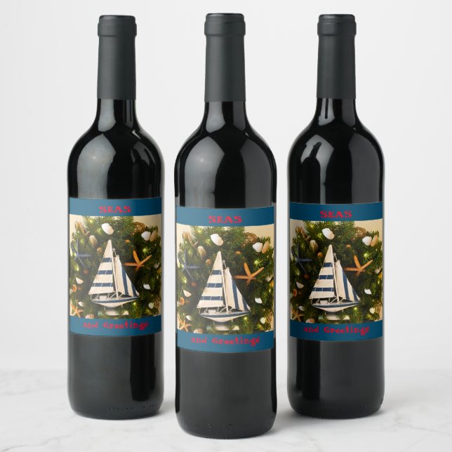 Tropical Coastal 'SEAS and Greetings' Christmas Wine Label (Bottles)