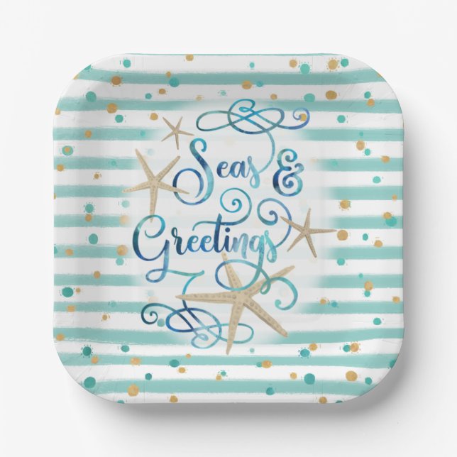 Tropical Coastal SEAS AND GREETINGS Paper Plate (Front)
