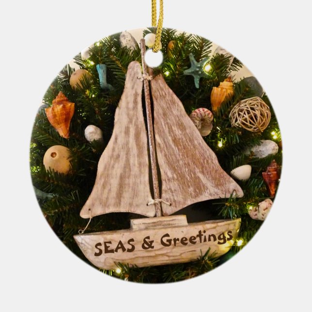 Tropical Coastal SEAS & Greetings Beach Christmas Ceramic Tree Decoration (Front)