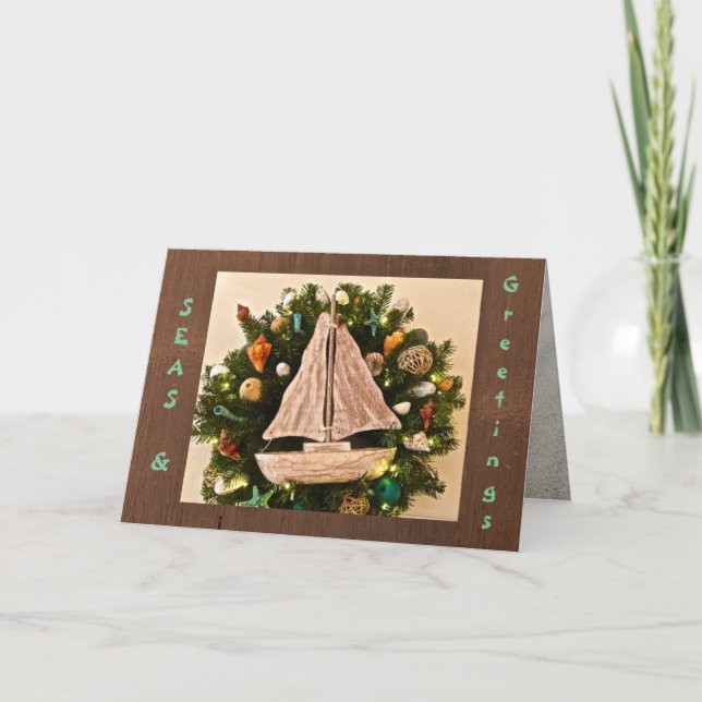 Tropical Coastal SEAS & Greetings Beach Christmas Holiday Card (Front)