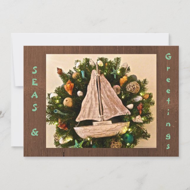 Tropical Coastal Seas & Greetings Beach Christmas Holiday Card (Front)