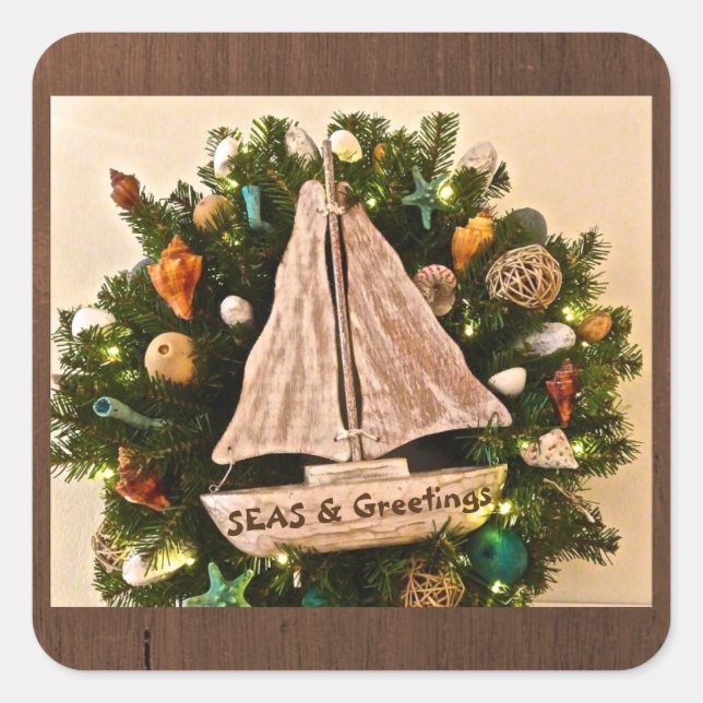 Tropical Coastal SEAS & Greetings Beach Christmas Square Sticker (Front)
