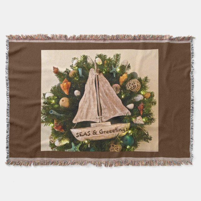 Tropical Coastal SEAS & Greetings Beach Christmas Throw Blanket (Front)